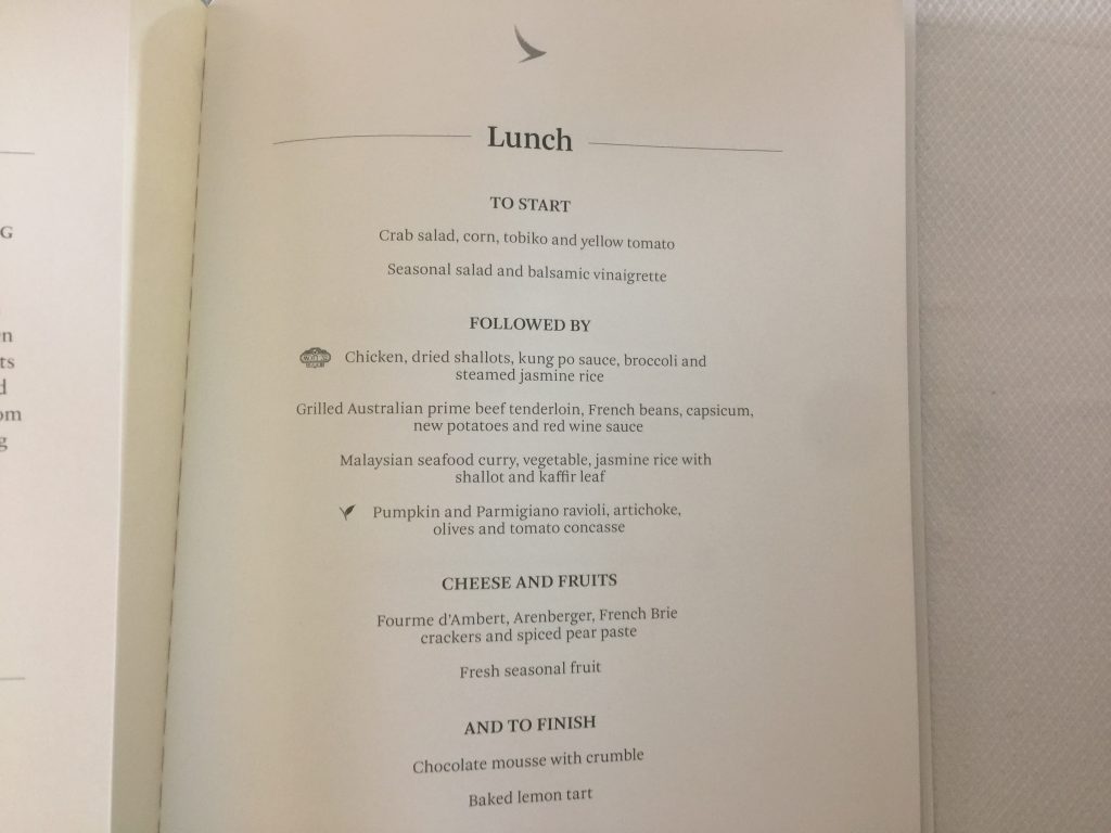 Cathay Pacific Business Class menu